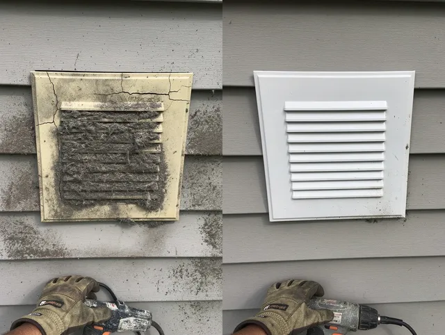 Lincoln Dryer Vent Cleaning technician installing high-quality dryer vent cover at a residential property in Lincoln
